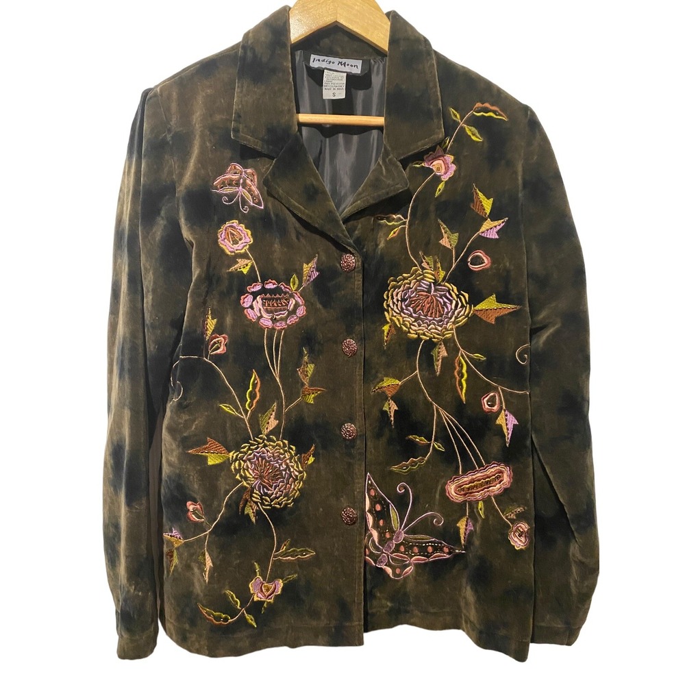 Indigo Moon jacket s embroidered floral butterfly velour art to wear boho fall